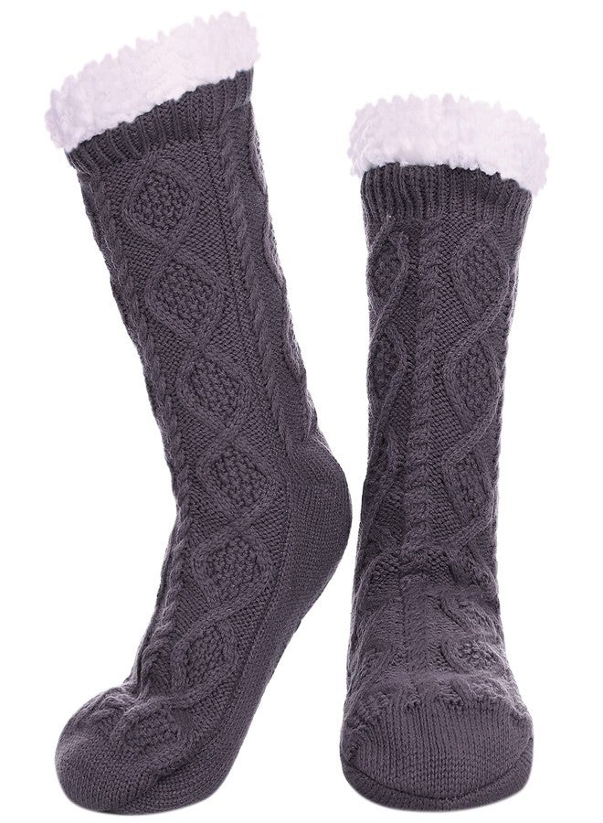 LINEMIN Womens Slipper Socks Winter Warm Fleece Lined Socks Cozy Soft Thick Fuzzy Non Slip Indoor Christmas Socks (Dark Gray Rhombic) - Image 1